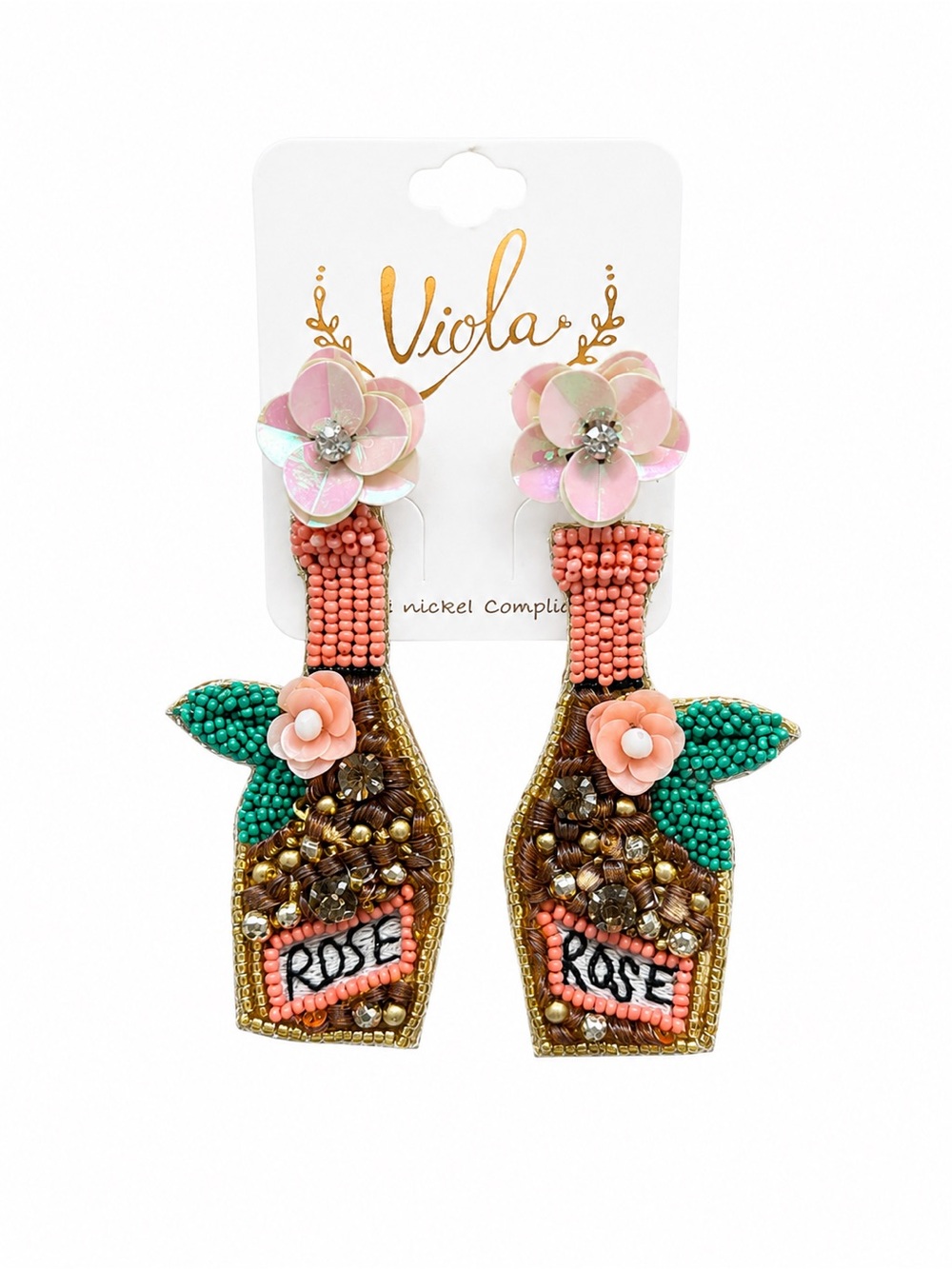 Viola Beaded Rosé Wine Bottle Statement Earrings Pink Floral Sequin NWT